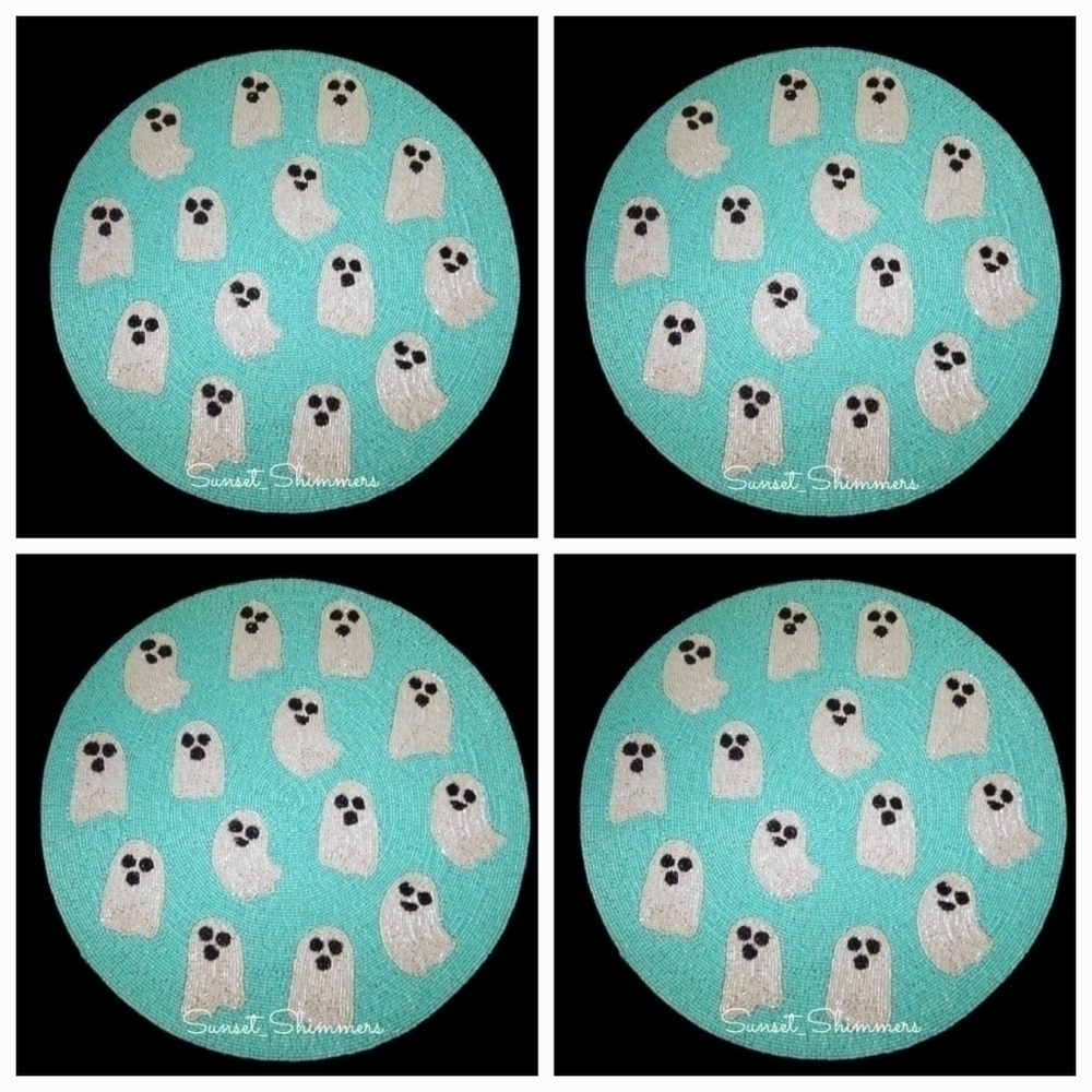 X4 Nicole Miller Halloween Beaded Turquoise Sparkly Ghost Placemat Chargers 15"